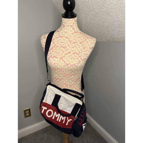 Vintage Tommy Hilfiger Travel Gym Duffle Shoulder Bag Spellout Logo 90s Small - Picture 1 of 16